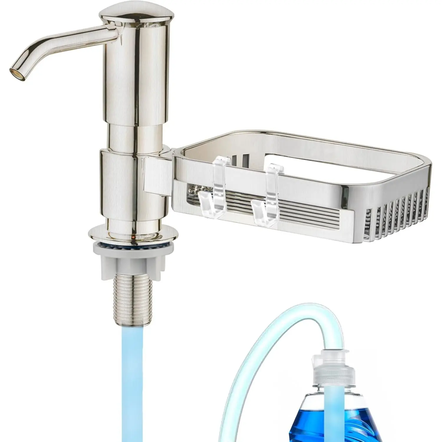 Soap Dispenser for Kitchen Sink, Built in Soap Dispenser Pump with Sponge Holder, Under Counter Brushed Nickel ABS Pump  with 38" Extension Tube Kit, Good Suction Power