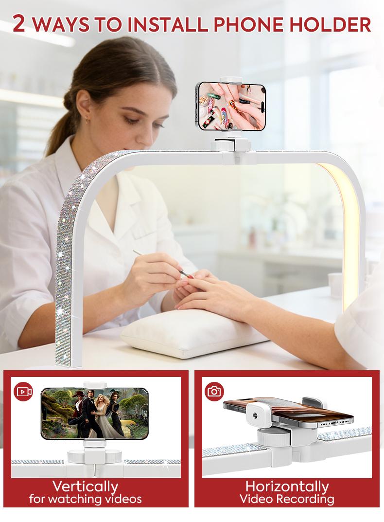 Professional Half Moon Nail Lamp, Foldable 25.6" U-Shaped LED Nail Desk Light With Phone Holder, Dimmable, Adjustable Color Temperature 3000K–6500K