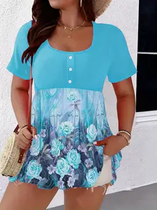 Women's Plus Size Floral Patchwork Short Sleeve T-Shirt, Round Neck Loose Fit Slimming Waist Top, Casual Summer Fashion