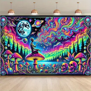 Vibrant Psychedelic Space Tapestry - High-Quality Polyester Wall Hanging With Surreal Alien Landscape Design, Featuring Whimsical Mushrooms, Skulls, And Cosmic Elements, Perfect For Living Room, Bedroom, Or Party Decor, Bedroom Enhancement
