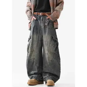 TrendyMulti-PocketScimitarJeansforMen2025SpringandAutumnNewStreetStyleVintageWashedWide-LegCargoPants