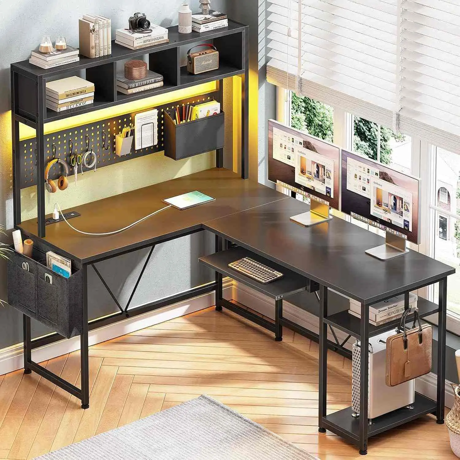 SIKAIC 57.5-Inch Reversible Ergonomic Corner LED Gaming Desk - Power Outlet, Childsafe Charging, Included Computer Armoires, Black Home Office Workstation for Student Desk WFH Setup