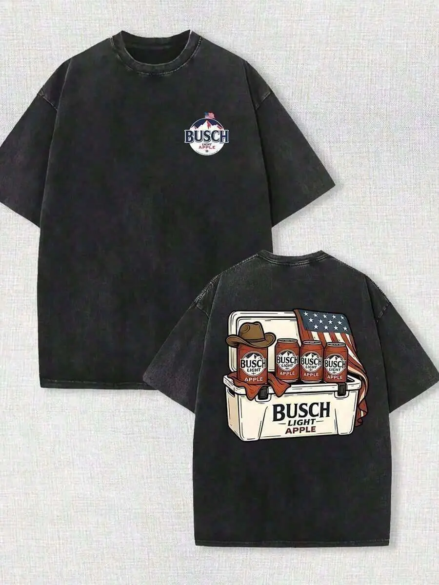 Mens Clothes;Summer Top Retro Washed Cotton-Shirt, Busch Light Beer Camping Graphic Double-Sided Print, Loose Fit Round Neck, Unisex Summer Streetwear, Door Holiday Fashion New Arrival Print Y2K Crew Neck T Shirt For Women,Summer Clothes Mensummer Outfits