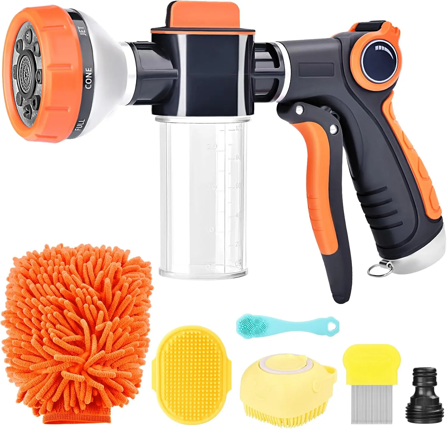 Upgrade Dog Washing Hose Attachment, 8 Way Spray Pattern Garden Hose Nozzle with Soap Dispenser, Dog Wash Supplies with 2 type Dog Bath Brush, Dog Comb and Toothbursh, Car Washing Mitt