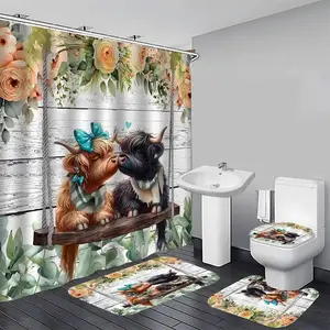 1/4pcs Kissing Cow and Rose Flower Pattern Shower Curtain Set, includes a shower curtain, toilet seat cover, rectangular mat, and U-shaped mat. Perfect for bathroom décor, beautifying the space. Comes with 12 shower curtain hooks.