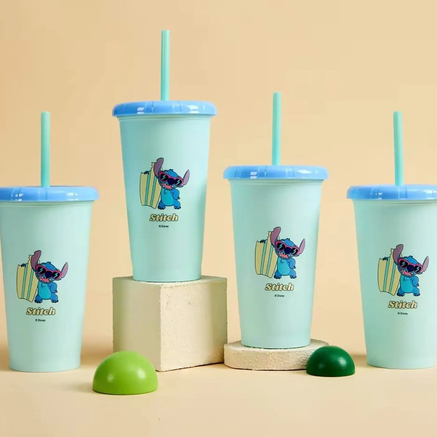 Disney Stitch Series 4-Piece Lightweight Plastic Mug Set, 473ml Kitchenware Drinkware Tumblers for Disney Fans & Coffee Enthusiasts with Fun Designs, Portable, Back To School