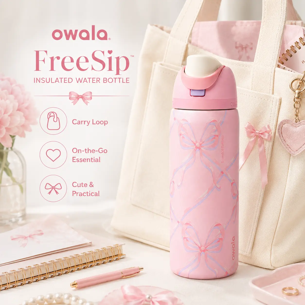 Owala FreeSip Pink Bow Insulated Stainless Steel Water Bottle with Built-In Straw and Carry Loop
