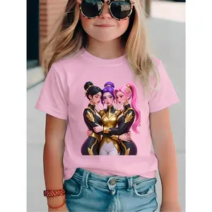 Girls' Summer Comfortable Short-Sleeved "Kpop Anime Sweet Cartoon Girl" Print T-Shirt, Suitable for Boys And Girls Aged 3 And Above, And Teenagers, High-Quality Printing
