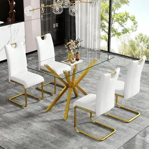 47.24" Rectangular Tempered Glass   With Gold Metal Legs - Modern Kitchen  For  Room, Easy Assembly Dining Table Mobile Standing Desk Wheels Marble