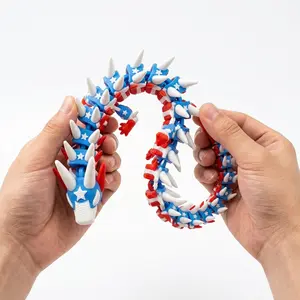 3D Printed Red, White & Blue Dragon Figurine - Premium Craftsmanship, Shield Tail Design, Movable Joints, Desktop Home Decor Statue
