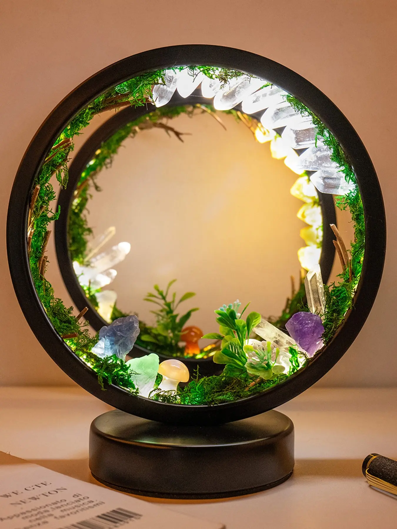 1PC Natural Crystal Handmade Ambient Night Light, Forest Style Healing Desk Lamp, Round Decorative Night Light for Bedroom and Desk, Unique Home Decoration, Nightlight for Bedroom, Decorative Lights