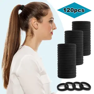 120PCS Black Hair Ties for Women Girls, Elastic Ponytail Holders, Cotton Seamless Hair Bands, No Damage for Thick Hair, 1.8 Inch in Diameter (Black)