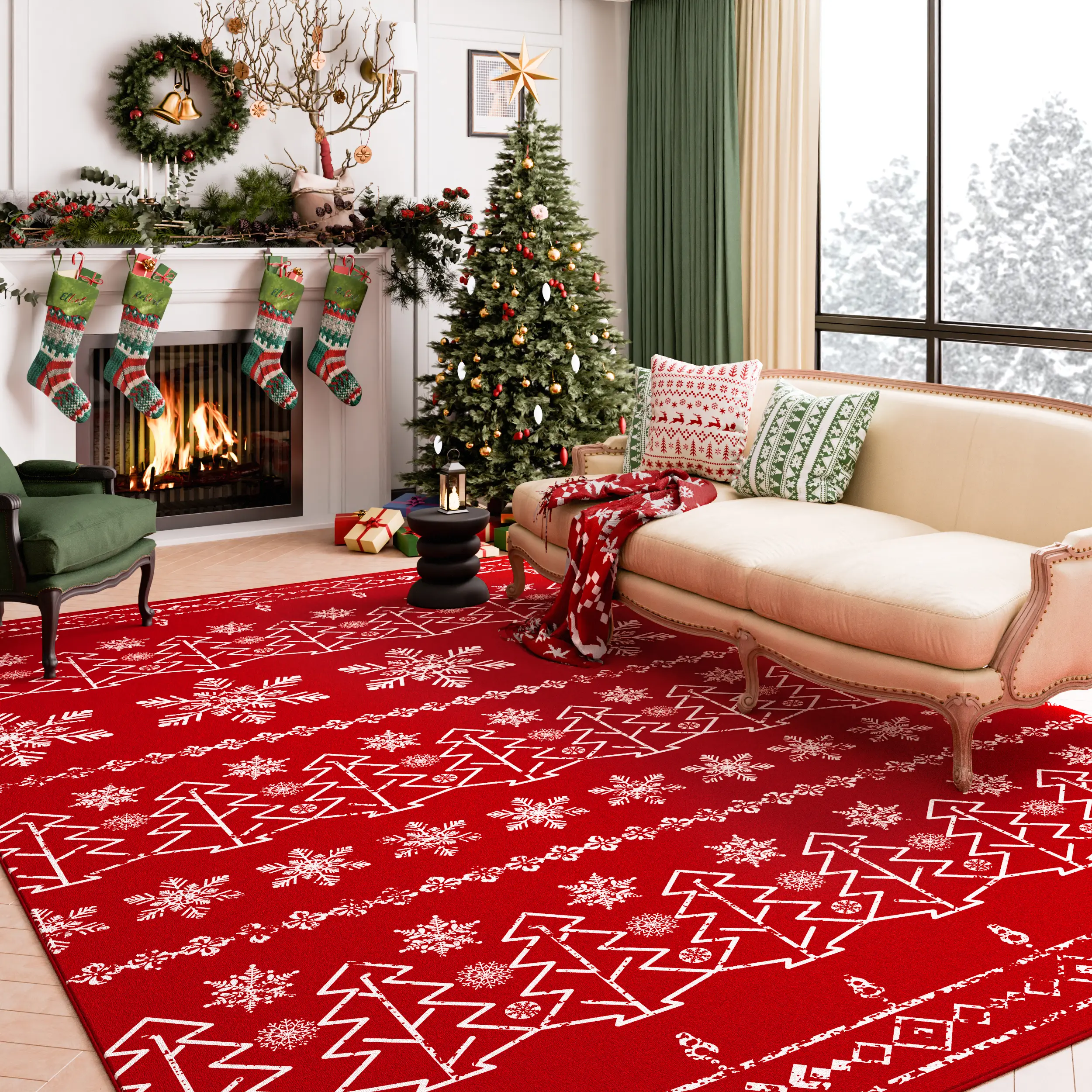WondRg Christmas Area Rug Red Snowflake Boho Decorative Living Room Bedroom Throw Rug Washable Non Slip Soft Low Pile Carpet for Kitchen Entryway Din