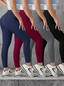 Women's Plus Size Solid High Rise Slim Fit Sports Leggings Set (5pcs) with Phone Pockets, Gym Leggings, Workout Bottoms, Fitness Training Pants, Suitable for Spring/Autumn Running Yoga