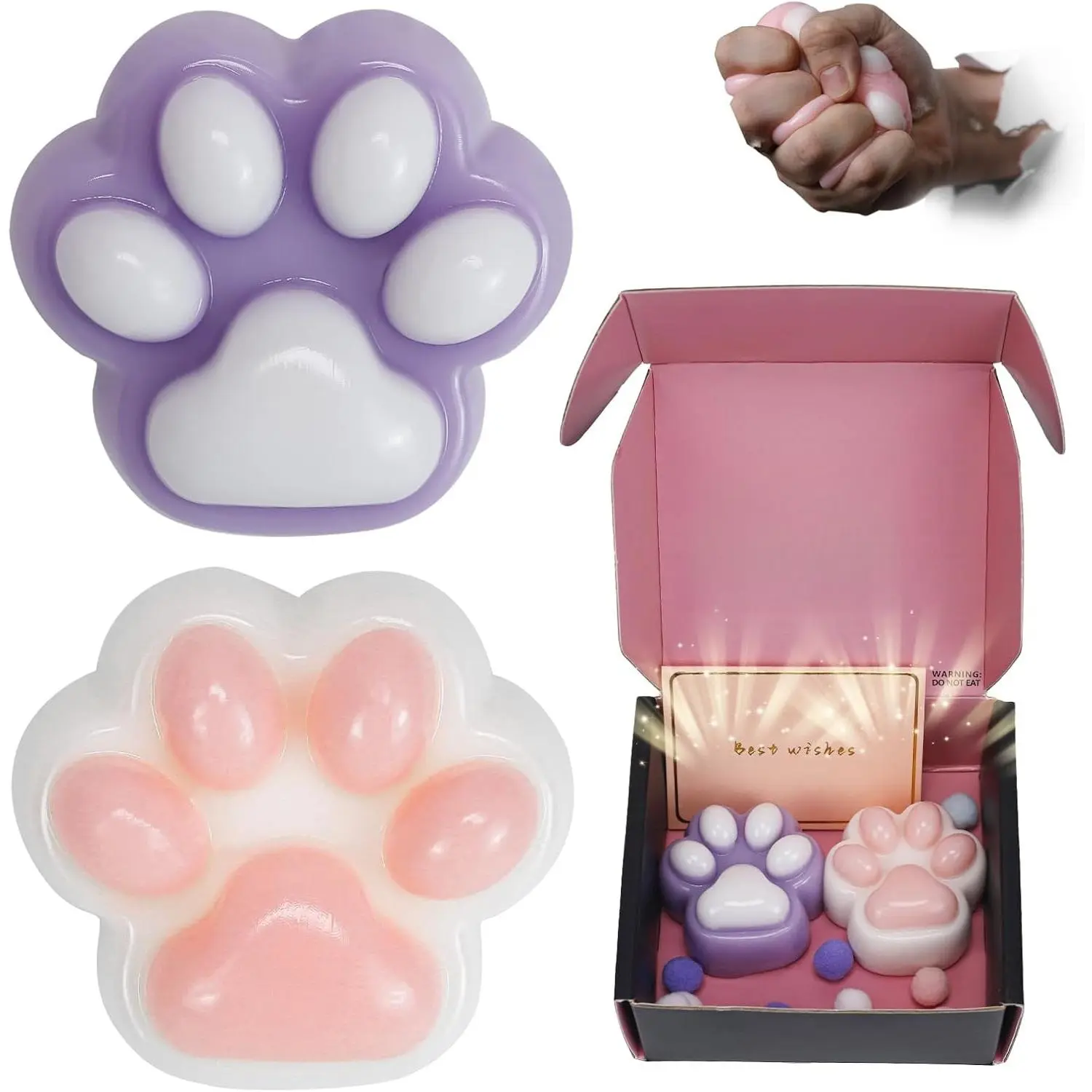P-SRT04   Taba Squishy Paw Gift Box, Cat Paw Squeeze Toys, Handmade Cute FuFu Squishies, Sticky Squishy Cat Paw Fur Ball, Kitty Paw Stress Relieving Fur Toys, YoYo Funny Fidget Toys for Gift, Kids-Purple&White