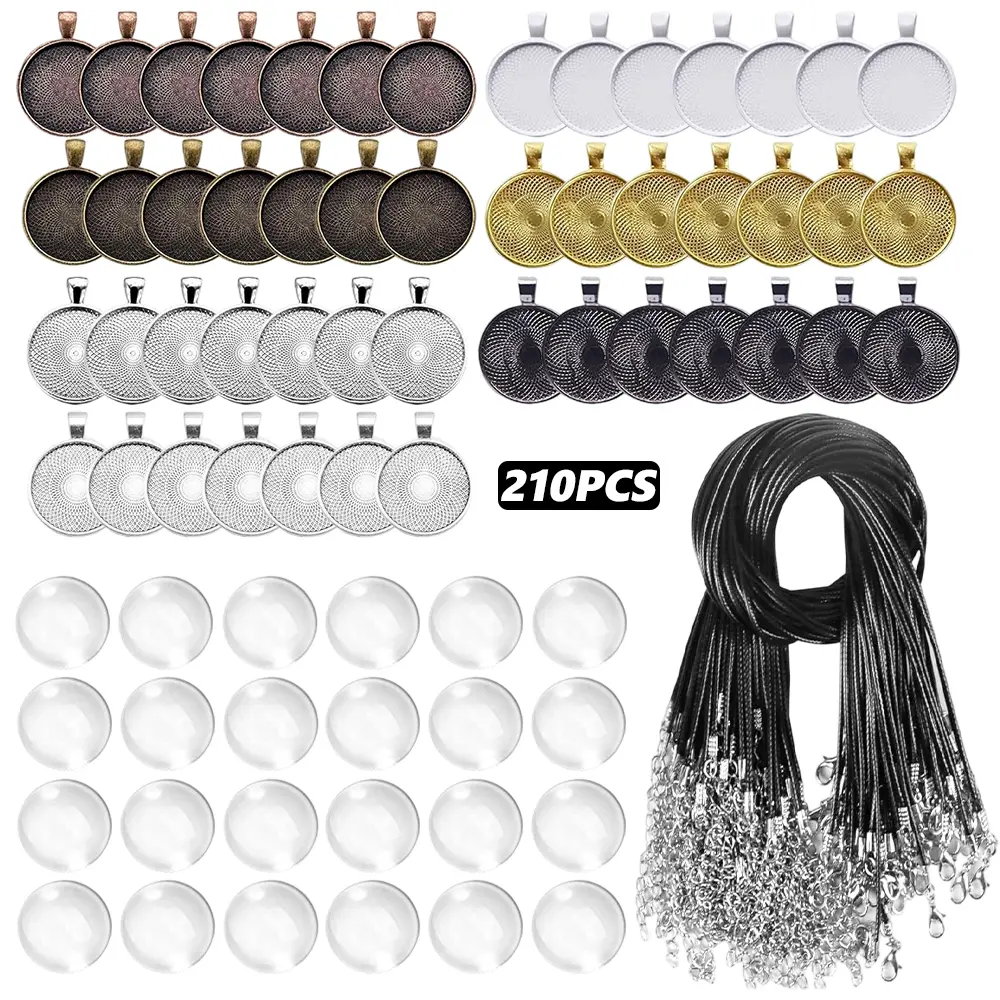 210PCS Pendant Trays Kit, Bezel Pendant Trays Charms Bulk with Glass Cabochon and Necklace Cords Set for Homemade Necklaces, Jewelry Making, DIY Crafts, Resin Art and Paint Pour Skins