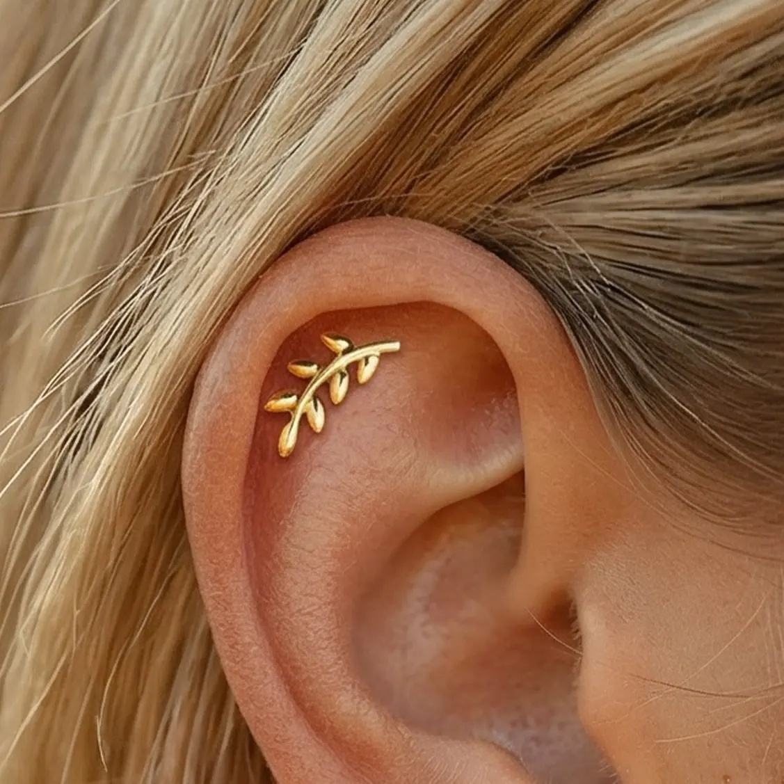 CelestialbyA&J Minimalist Leaf Branch 16G/18G Titanium Threadless Flat Back Earring • Olive Branch Greek Jewelry • Cute Leaf Earring