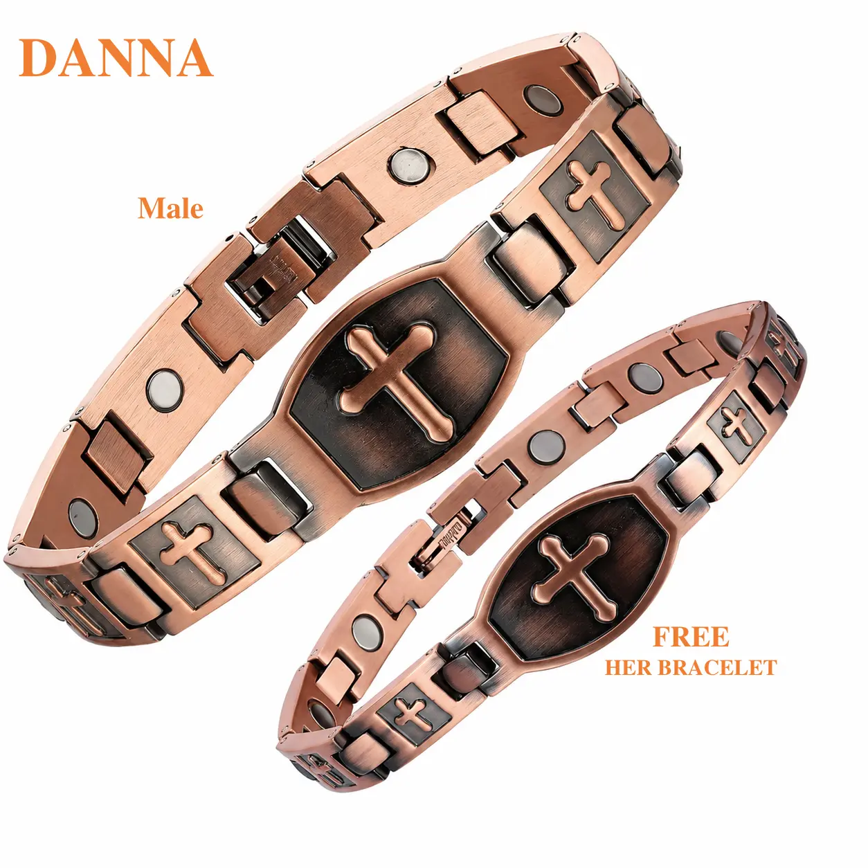 Buy 1 Get 1 Free His & Hers Christian Cross Copper Magnetic Bracelets - 3500 Gauss Premium Pure Copper, Adjustable, Hypoallergenic, Casual Daily Wellness Jewelry Gift for Couples, Cross Emblem/Crucifix Bracelets & Bangles, Spiritual Jewelry