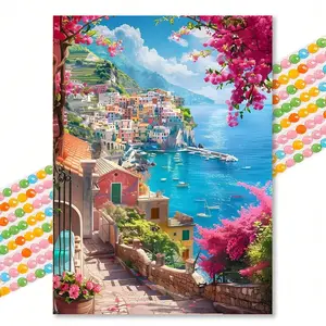 Mediterranean Colorful Town Landscape DIY Diamond Painting, Oil Painting Style Triangular Peony Sea View 5D Embroidery Art, Bedroom Living Room Decor, Diamond Painting Kits