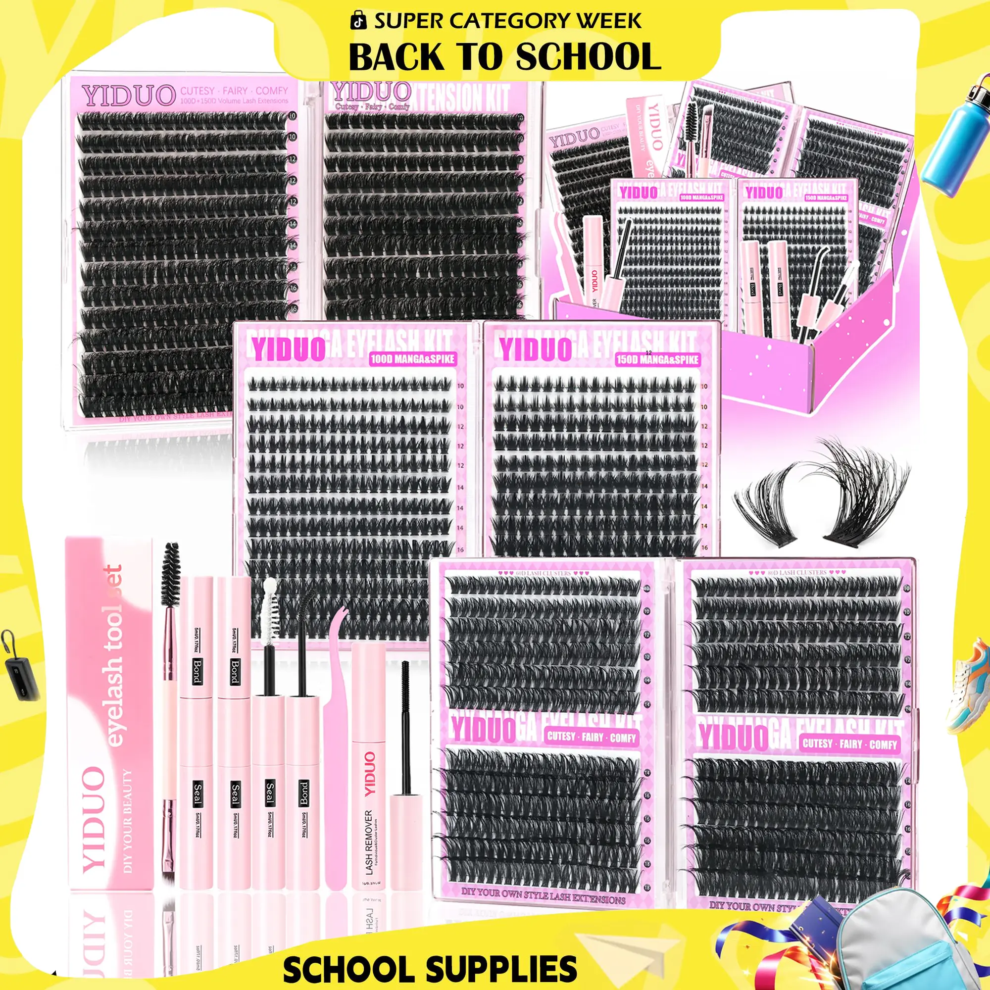 YIDUO Volume Mega Lash Clusters Kit - 1110/1479/1686 Pcs Cosmetic Beauty Products Gift Pack, 2X Bond & Seal, Soft Wispy Natural DIY Individual Lash Extension for Beginners, Womens Gifts Bulk Makeup Set (Deals for You Days), Eyelash, Nature, Cluster Lashes