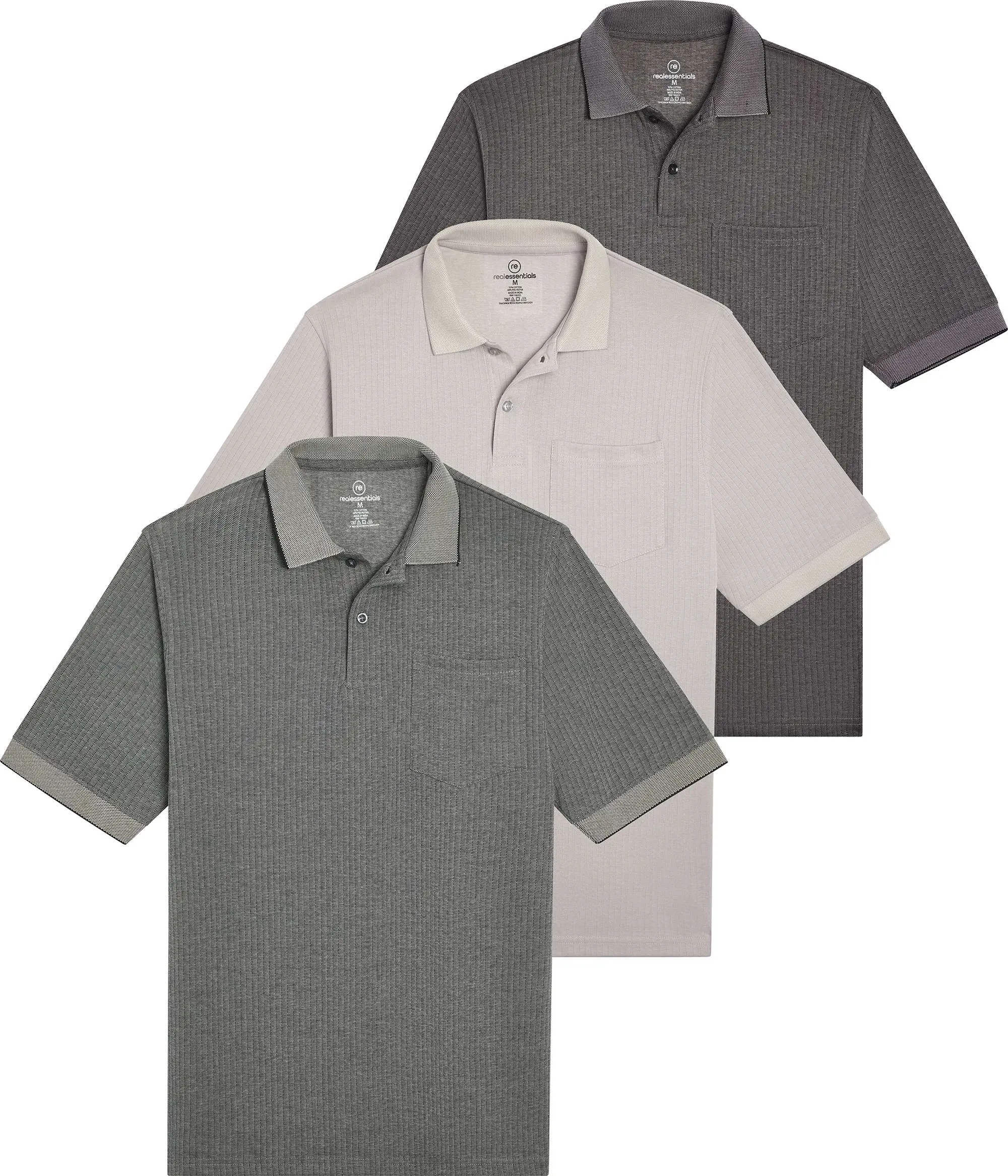 Real Essentials 3 Pack: Men's Regular-Fit Ribbed Polo Shirt With Pocket (Available in Big & Tall)