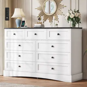 Sikaic 51.2 Inch Wide Dresser with 9 Drawers and Charging Station, Farmhouse Chest of Drawers with Built-in Power Outlets, Large Storage Cabinet for Bedroom and Living Room