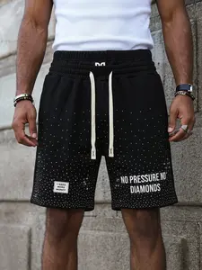 Men's Casual Gradient Rhinestone Shorts, American Retro Street Style, 'no Pressure No Diamonds' Sparkle Print, Full Rhinestone Bottoms