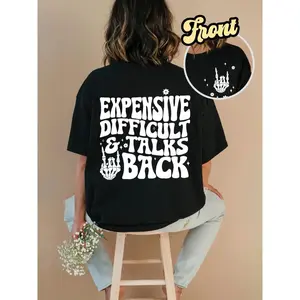 Women's Polyester Stretch T-Shirt Top Clothes - "Expensive Difficult and Talks Back" Slogan Print, Skeleton Hand Graphic, Round Neck, Loose-Fitting Half Sleeve, Casual Streetwear, All Seasons Daily Wear