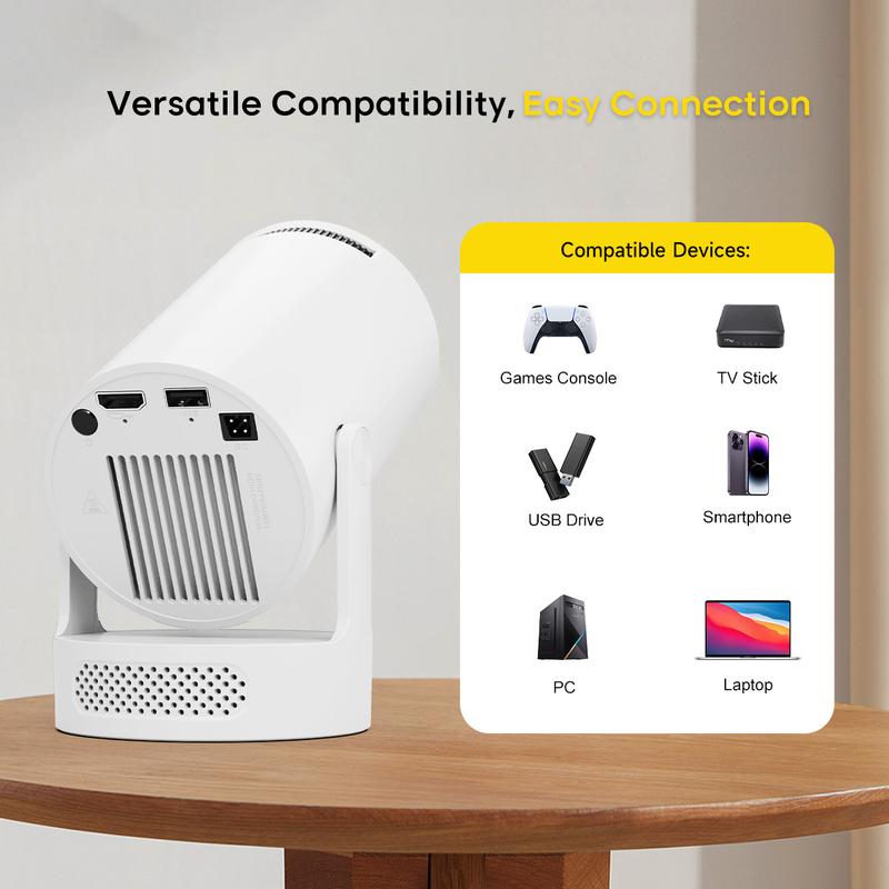 Smart Projector HY300Pro+ with 8K/4K/1080P Decode 290ANSI Lumens Auto Keystone Correction Built-in 5W speaker Dual WiFi6 Wireless BT5.4 Android 14 Native 1280*720P for Home Cinema Portable Movie Theater