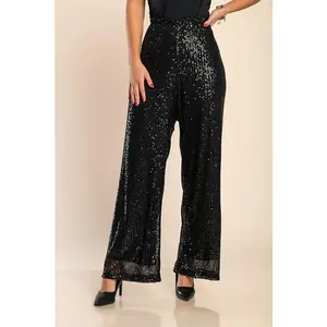 Plus size elegant long pants with sequins, black