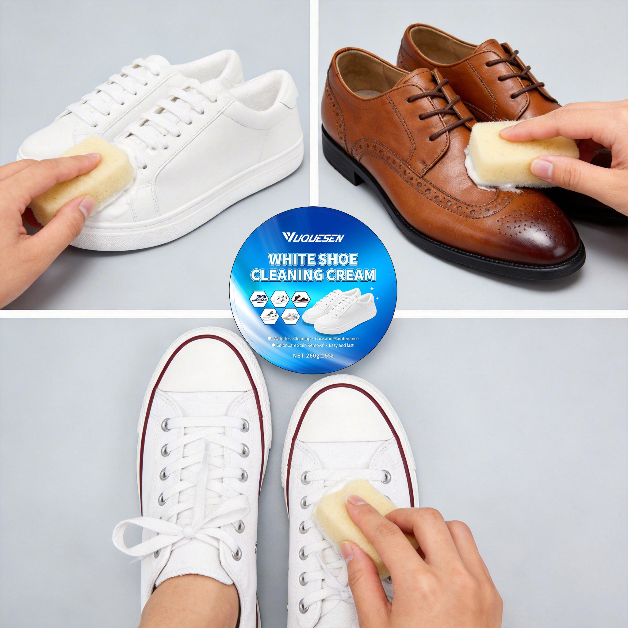 YUQUESEN Multipurpose No-Wash White Shoe Cleaner Cream with Built-in Sponge for Leather Silicon Car Interiors 260g Mild Formula Gentle Non-Irritating Eco-Friendly