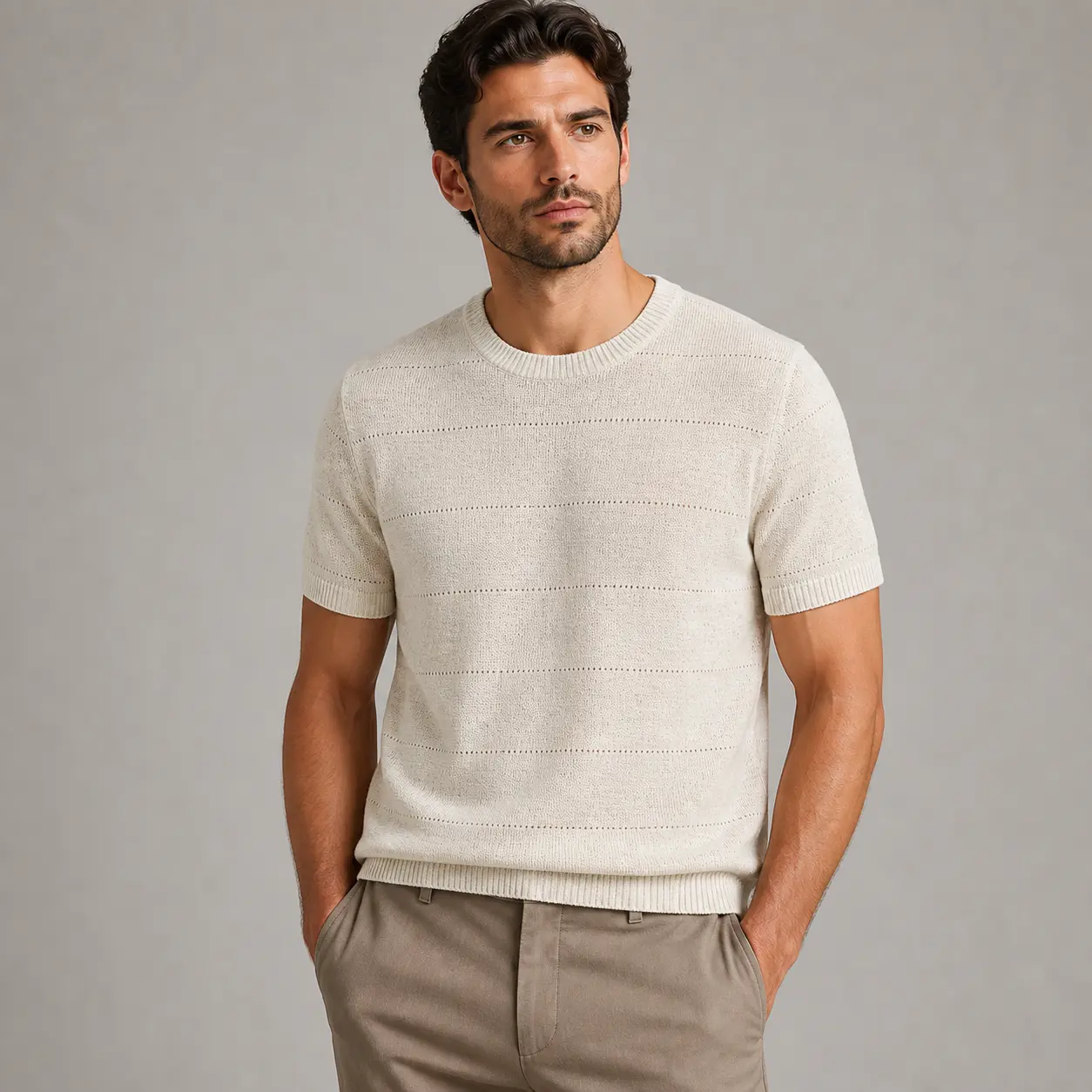 MBNL-F/Qinlei Men's Textured Linen-Blend Knit T-Shirt, Slim Fit Short Sleeve Crew Neck Pullove LL-WZZZ10150