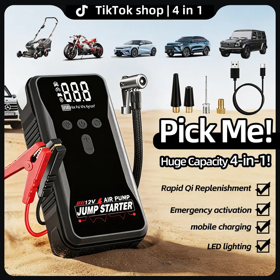 Portable Car Jump Starter - 12000mAh USB Quick Charge Power Bank with 150PSI Tire Inflator, Emergency Roadside Kit for 12V Gas/Diesel Vehicles SUV Truck, LED Light