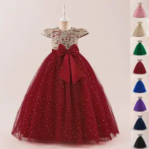 Sequins Embroidered Maroon Kids Clothes 525 Princess Long Ball Gown Frock Children Formal Evening Party Banquet Pageant Prom Host Cocktail Dress Flower Girls 7-12Y