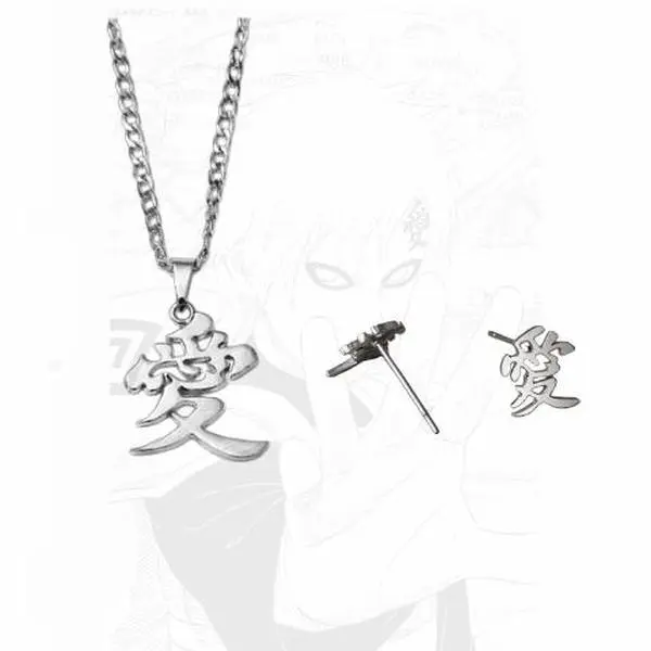 Naruto Gaara Love Symbol Jewelry Set, Japanese Style Necklace & Earrings,V days gift Anime-Inspired Gift for Fans