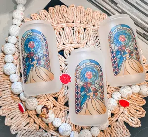 Princess Glass can, Belle Magical Iced Coffee Glass with Lid and Straw, Matcha Princess Cup Classic Drinkware Beverage Tumblers Mug Bottles