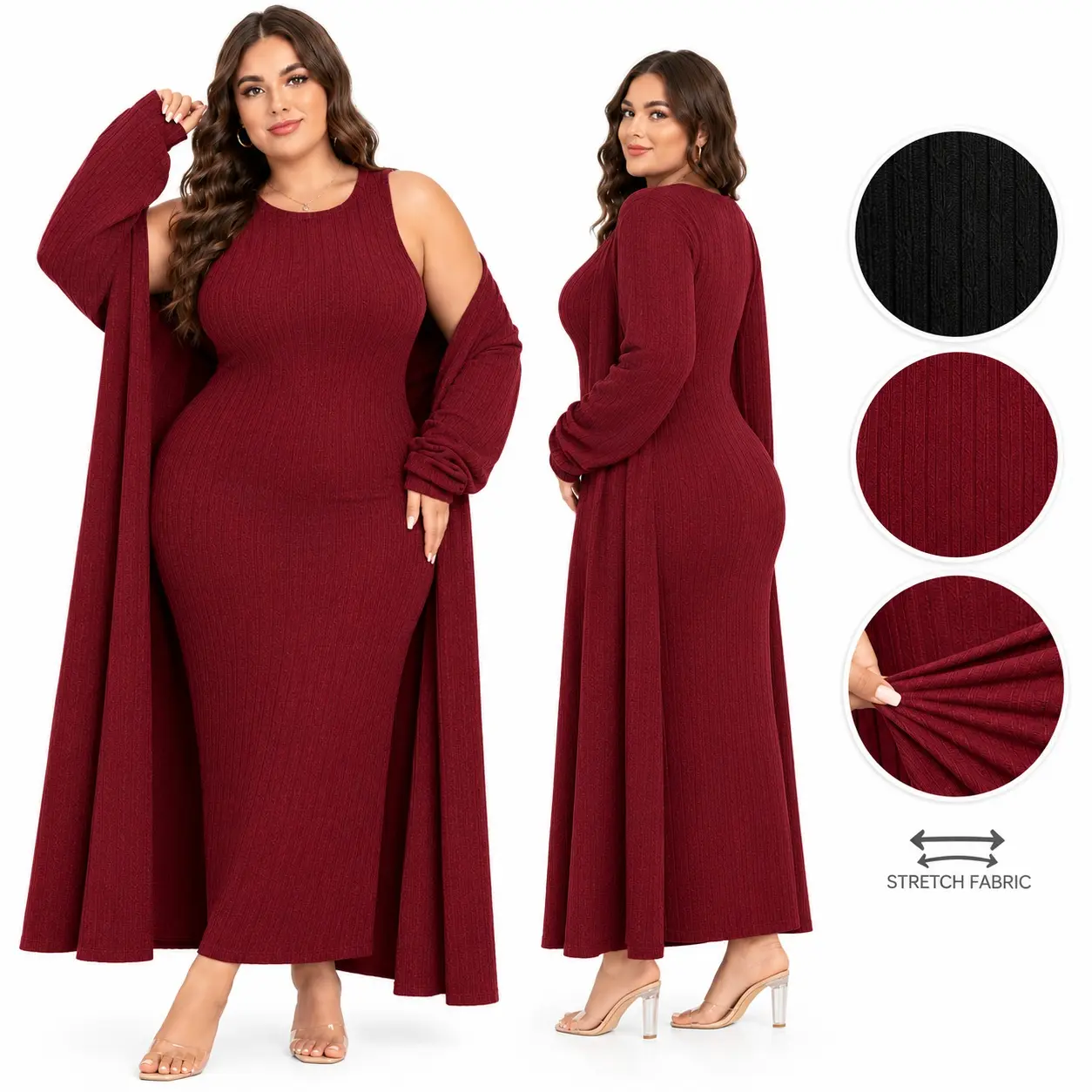 Women's Plus Size 2-Piece Ribbed Knit Elegance Set - Oversized Long-Sleeved Button Cardigan (Shawl-Style)