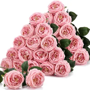 20 Pcs Real to Lifelike Peonies Austin Roses Artificial Flowers, Faux Look Real Long Stems Fake Flower with Big Blooms for Christmas Valentines Wedding DIY Arrangement Home(Pink)