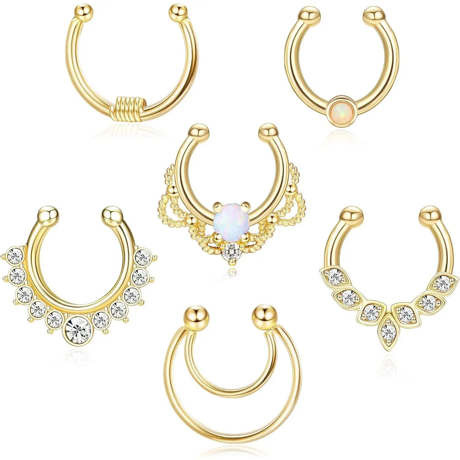 6Pcs Opal Fake Septum Ring for Women CZ Nose Ring Non-Pierced Clip On Nose Hoop Jewelry