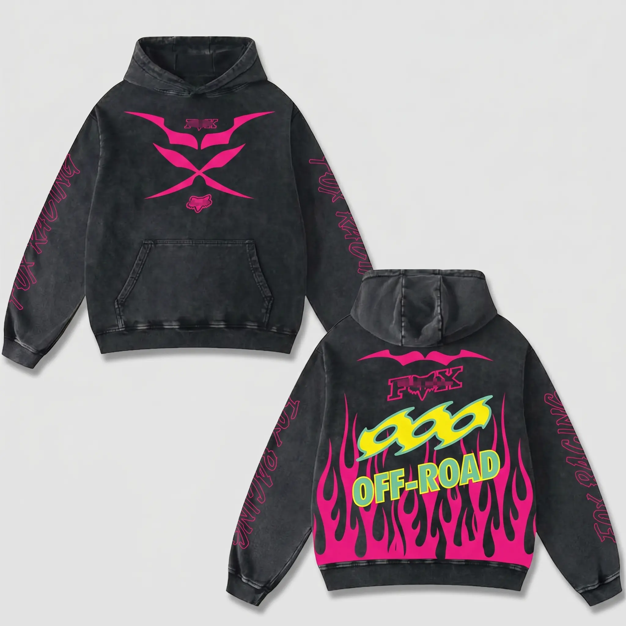 Revion - Fox Retro Racing Motocross Hoodie,Washed Black Biker Pullover,Pink Flame Graphic,Off-Road Motorbike Riding Sweatshirt,Dirt Bike Apparel,Men Women Oversized Streetwear Hoodie