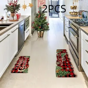 Christmas Kitchen Rug Set, Washable Polyester Holiday Mats with Truck and Buffalo Plaid Design, Home Decor Rugs, Home and Bathroom Indoor Decor