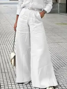 Elegant Women's High Waist Casual Long Pants, Loose Fit Solid Color Trousers for Daily Commute, Vacation, Versatile Comfortable Must-Have, Casual Chic Trousers, Casual Chic Bottoms