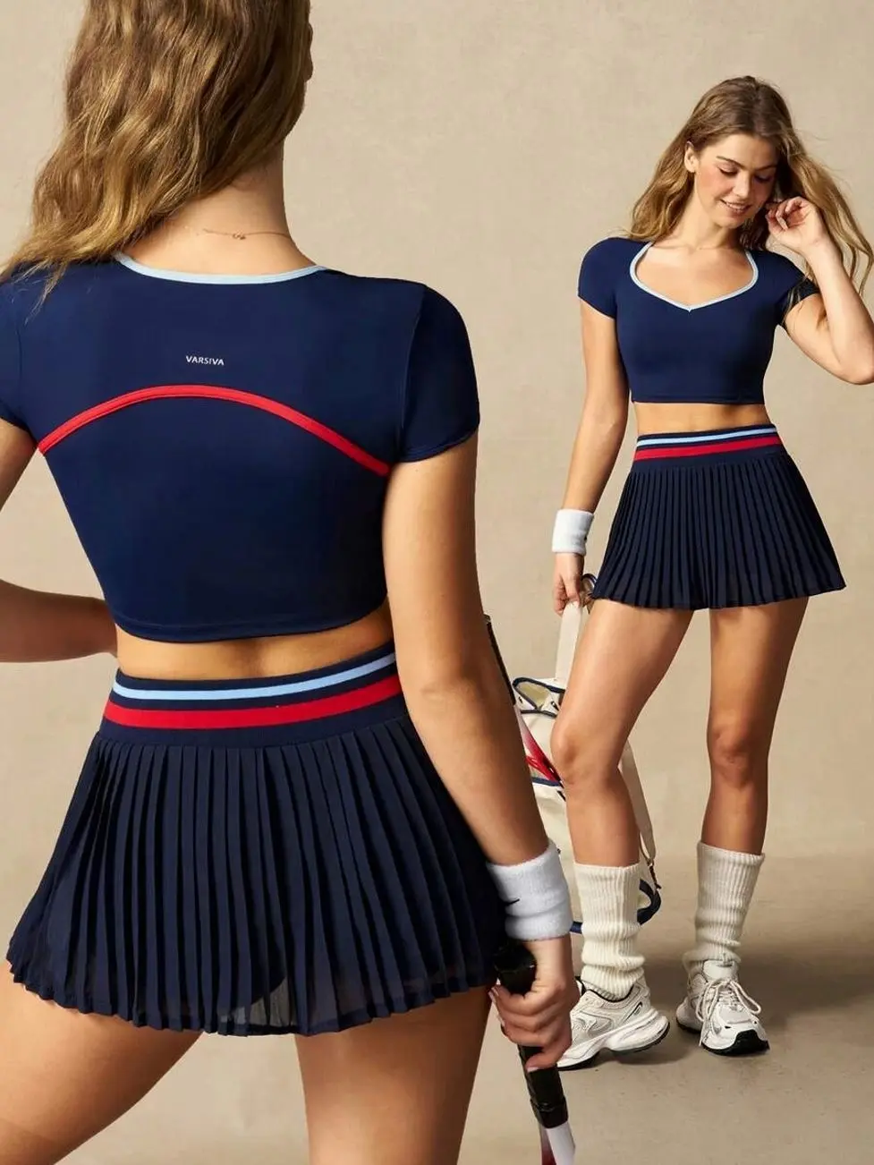 Women’s Navy Blue 2 Piece Tennis Set, Short Sleeve Crop Top & Pleated Mini Skirt, Preppy Y2K Pickleball Golf Workout Outfit