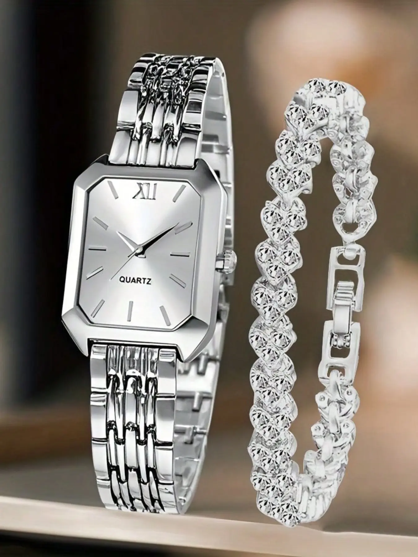 Women's Gold/silver Color Small Square Watch Bracelet Set, Luxury Quartz Watch + Diamond Heart Bracelet, Perfect for Commute and Dates