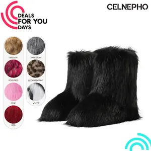 CELNEPHO Womens Faux Fur Mid Calf Boots Round Toe Flat Heel Fuzzy Fluffy Pull on Warm Indoor Comfortable Snow Boots Chilly Day Booty Gift Casual Daily Wear Winter Fashionable Dress Shoes Deals For You Days