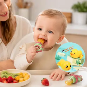 Designed specifically for teething infants and toddlers | Silicone fruit-shaped feeder with a squeeze-to-feed design | BPA-free self-feeding teething toy | Easy-to-clean and sterilize dinosaur design to support safe weaning; comes with a free gift