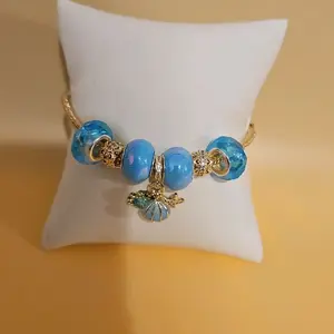 Sea Shells Crab Charms Light Blue Panpan Bracelet 14k Gold Plated Fashion Jewelry