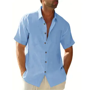 [Plus Size Solid Color Shirt] Men's Plus Size Solid Color Casual Shirt - Cotton Blend, Short Sleeve, Button-Up, Non-Stretch Fabric for Summer, MF-CS1548, PLUS SIZE
