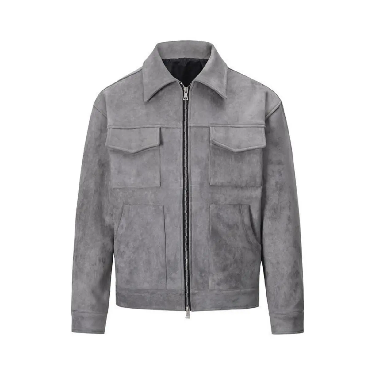 Men's Casual Suede Jacket - Solid Color Long-Sleeve Coat with Lapel Collar, Zip-Up Front, Straight Hem, Durable Fabric & Reliable Zipper for Spring & Fall - Menswear Tops, Decoration