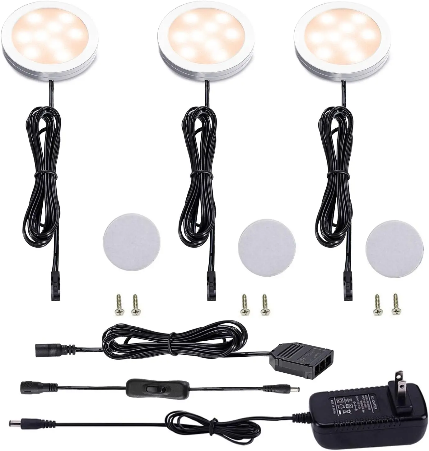 Chunting 3-Pack Aluminium Puck Lights Kit, 12V 6W 600lm LED Under-Cabinet Lights, 2-Way Manual Switch, 120V AC Power Supply, 3 Ports, All Accessories Included for Cupboard, Wardrobe, Book Lighting Indoor Use
